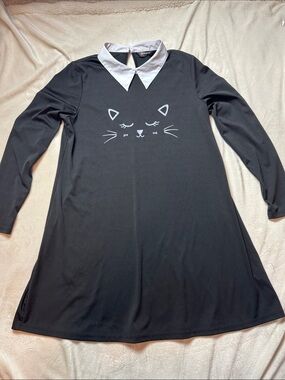 Allegra K Black dress with White Cat Graphic and White Collar